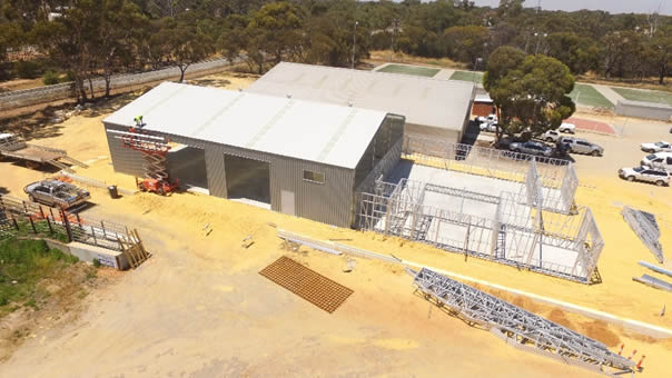 ‘Shed’ under Construction “Men’s Shed” on left and Joint Community Facility (Recreation/Meeting Area/Kitchen/Netball Storage & Office) on right