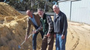 Ceremonial turning of the first sod for the new Shed by the Shire President, Ken Seymour, Men’s Shed President, Duncan Peter, and Men’s Shed Patron, Frank Lewis (2017)